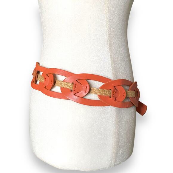 Linea Pelle Leather Link Jute Hip Sling Belt Sz S Orange Tan Ring Buckle Boho - Picture 5 of 9